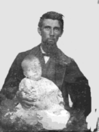 Tintype of Isaac Mezick holding his infant son Luther Mezick