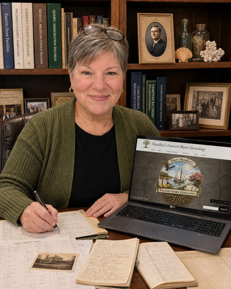 Shari Handley at a desk with genealogy records and her Eastern Shore Genealogy website